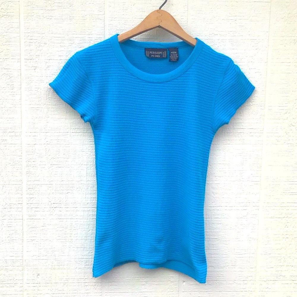 Y2K Smocked ribbed cerulean blue short sleeve crewneck tee shirt